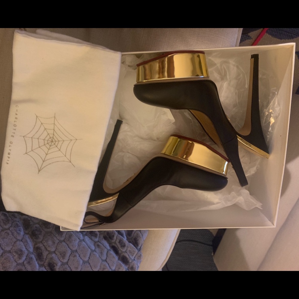 New Charlotte Olympia black and gold heels